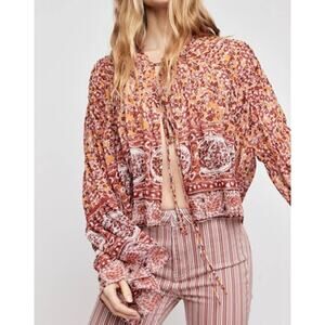 Free People Lorraine Tiered Tie Front Kimono Blouse Top Red/Yellow Womens Size M